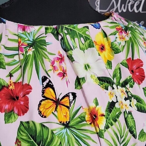 Lady Vintage Dress Butterfly Monstera Leaf Flower Print Cotton Sash Belt Size Sm - Picture 4 of 10